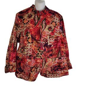 Coldwater Creek Womens Jacket Sz 1X Pink Red Floral Full Zip Cotton Denim Pocket